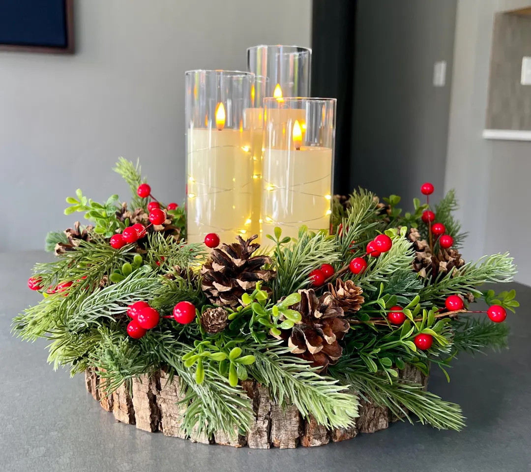 Rustic Lighted Holiday Candle Centerpiece | Christmas Table Decor | Tree Stump Floral Arrangement... | Etsy (US)