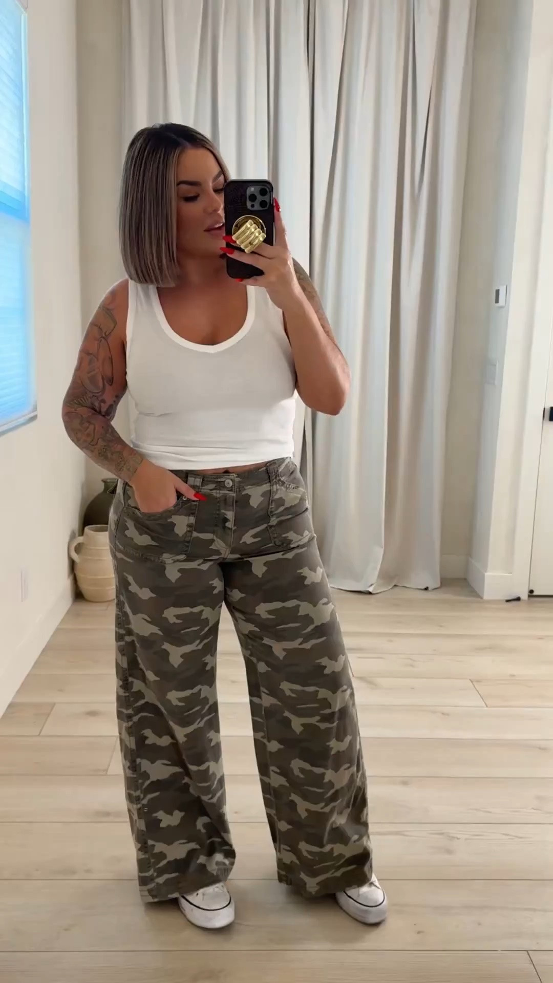 The green jacket link with take you to both green & check print style
Camo pants 12L 
White check tank M 
Barrel Jeans I sized up and did a 14 
The distressed jeans size 12 L these fit TTS 
Jackets size L in all 
Denim shirt XL 
Also got the red set below as well. Pants size L too L 
NFL tank L