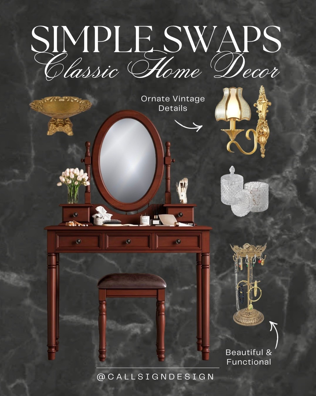 A vanity setup where dark wood meets warm gold for a look that feels rich and refined. Layered textures and thoughtful details create a space that’s both functional and quietly indulgent. ✨ 

#VanityDecor #GoldAccents #DarkWood #MoodyInteriors #TimelessStyle #HomeDecor #DesignDetails #callsigndesign