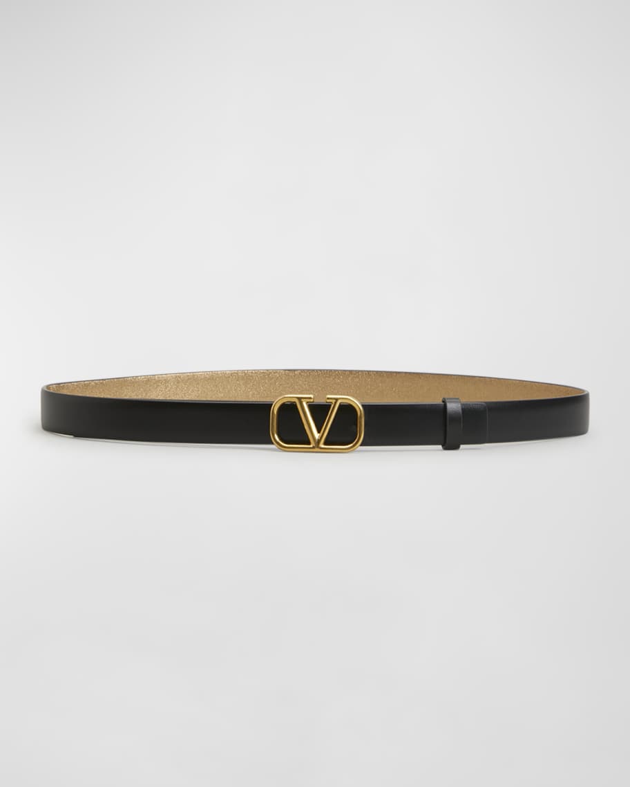 Metallic Skinny VLogo Leather Belt | Neiman Marcus