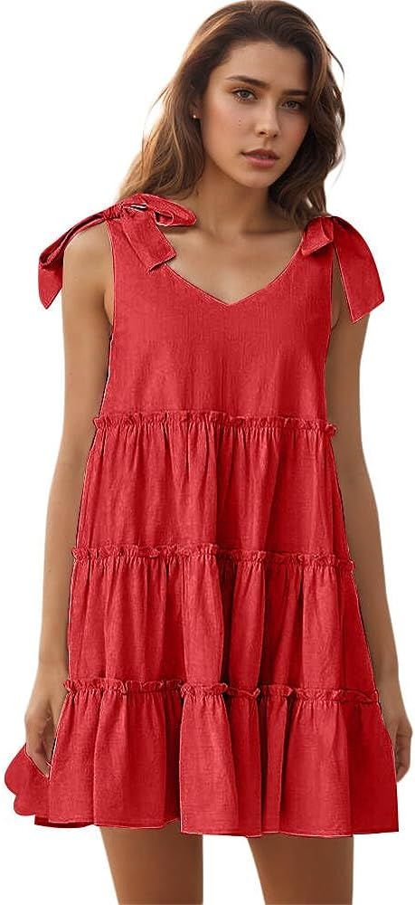 Womens Summer Dresses Flowy Dresses for Women Casual 2024 Beach Dress V Neck Sleeveless Mini Dres... | Amazon (US)