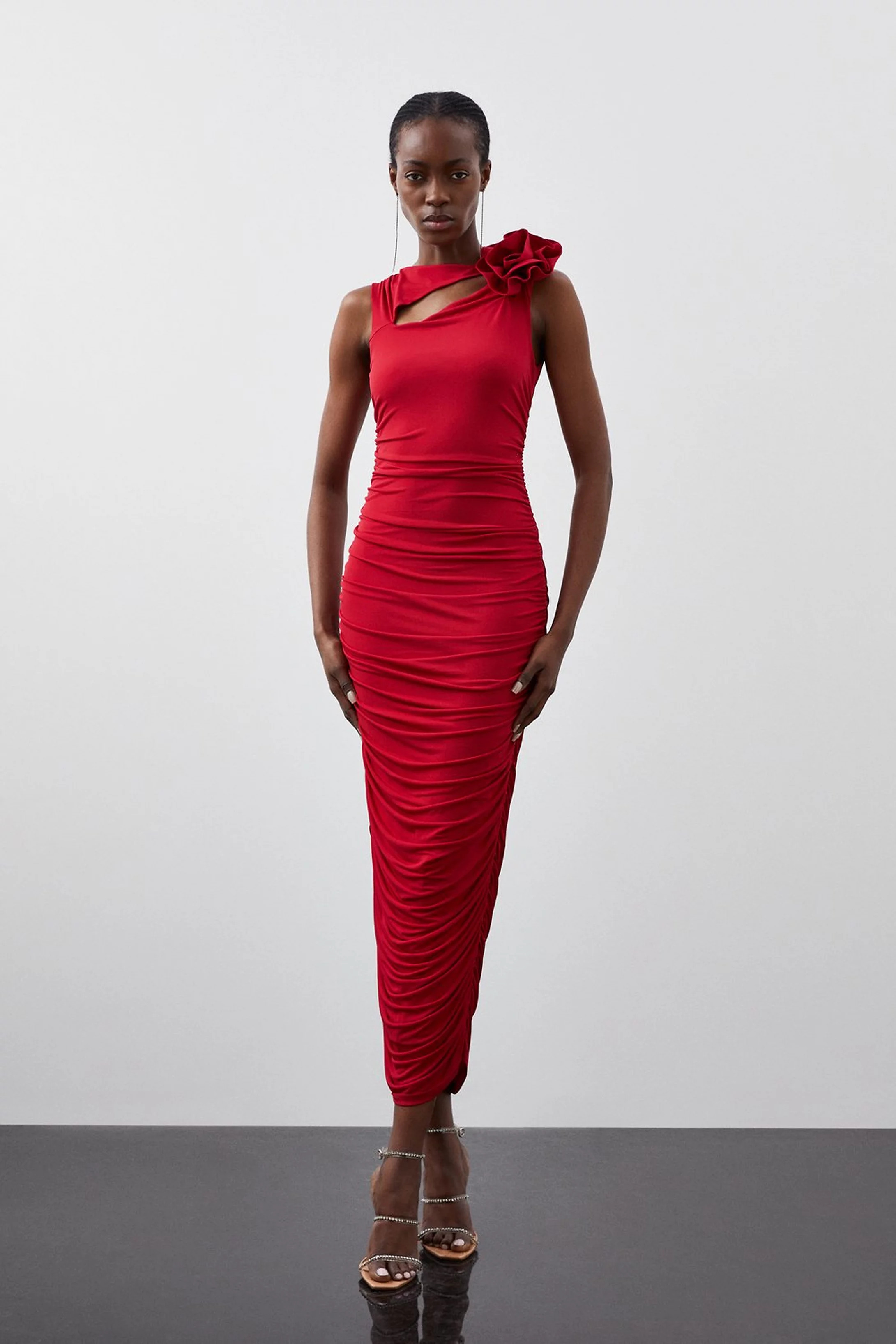 Drapey Ruched Jersey Rosette Maxi Dress | Karen Millen UK + IE + DE + NL