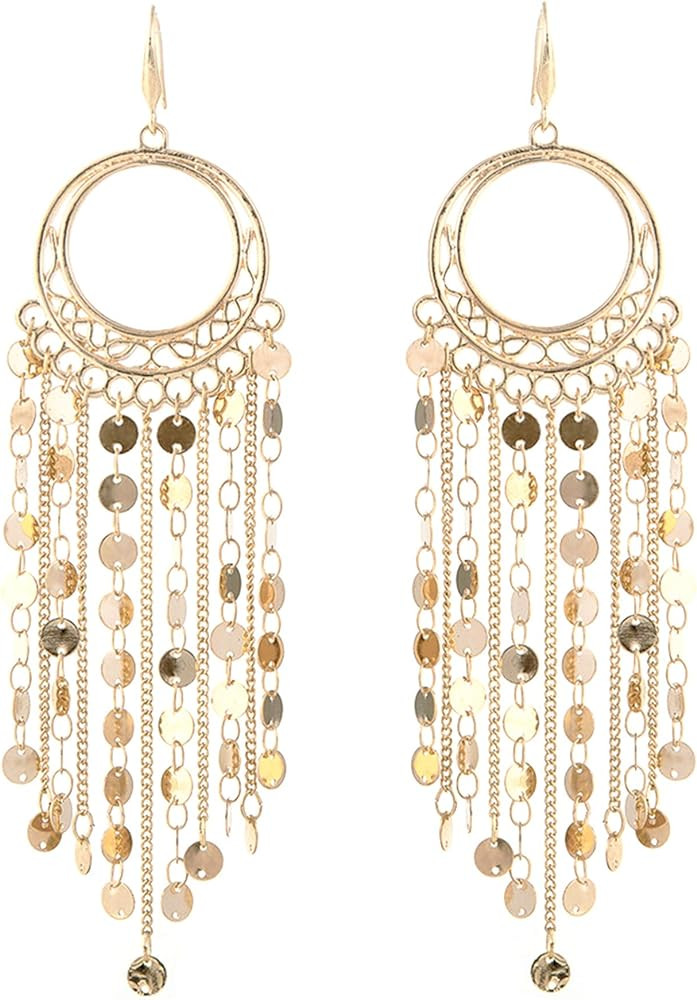 Bohemian Boho Tassel Dangle Drop Earrings for Women – Lightweight Filigree Gypsy Coin Chandelie... | Amazon (US)