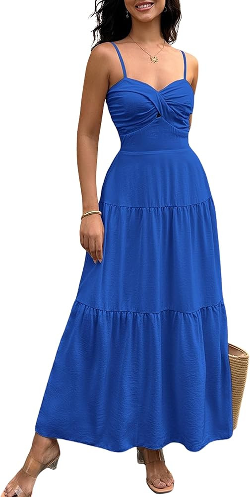 ECOWISH Women's Summer Dresses 2025 Maxi Spaghetti Strap Hollow Out Smocked A Line Tube Tiered Se... | Amazon (US)