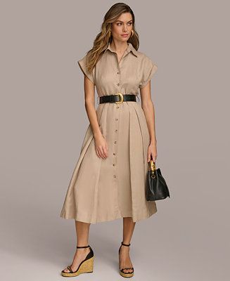 Donna Karan Women's Button-Front Short-Sleeve Belted Dress - Macy's | Macy's