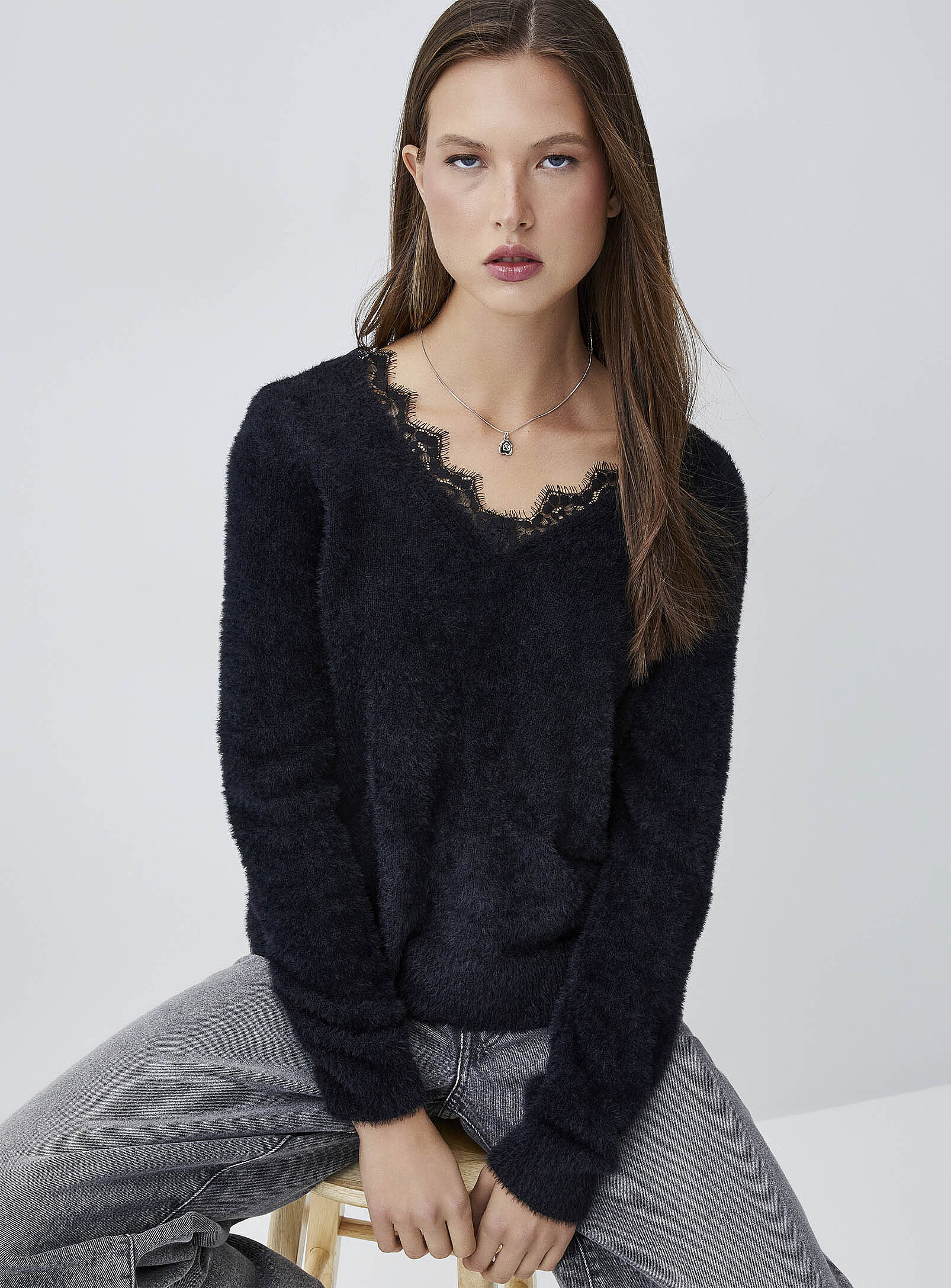 Only - Lace collar chenille sweater (Women, Black, X-SMALL) | Simons