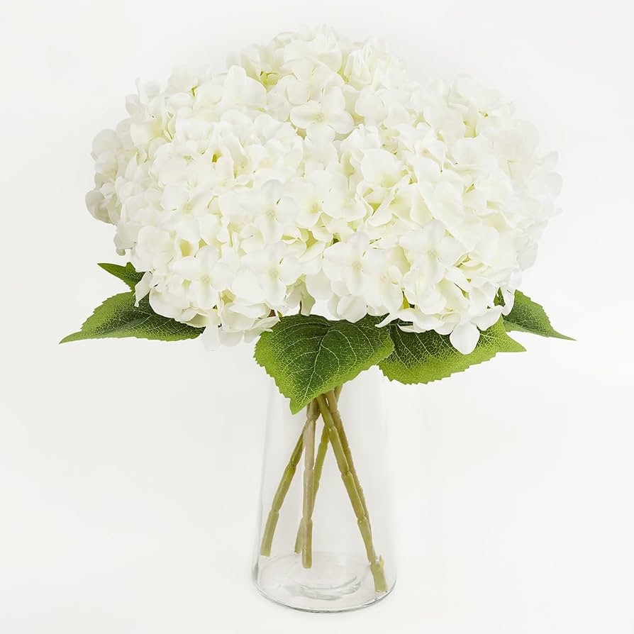 5Pcs White Artificial Hydrangea Flowers, Slik Hydrangea with Lifelike Leaves Stems, 20Inch Large ... | Amazon (US)