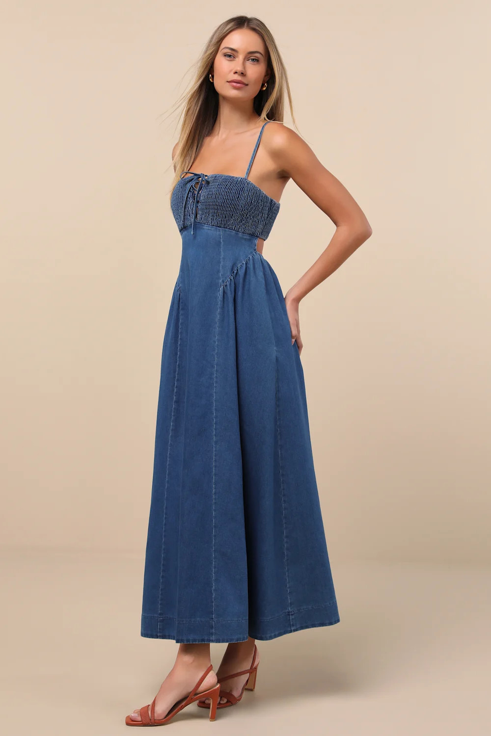 Laylie Medium Wash Denim Lace-Up Midi Dress | Lulus