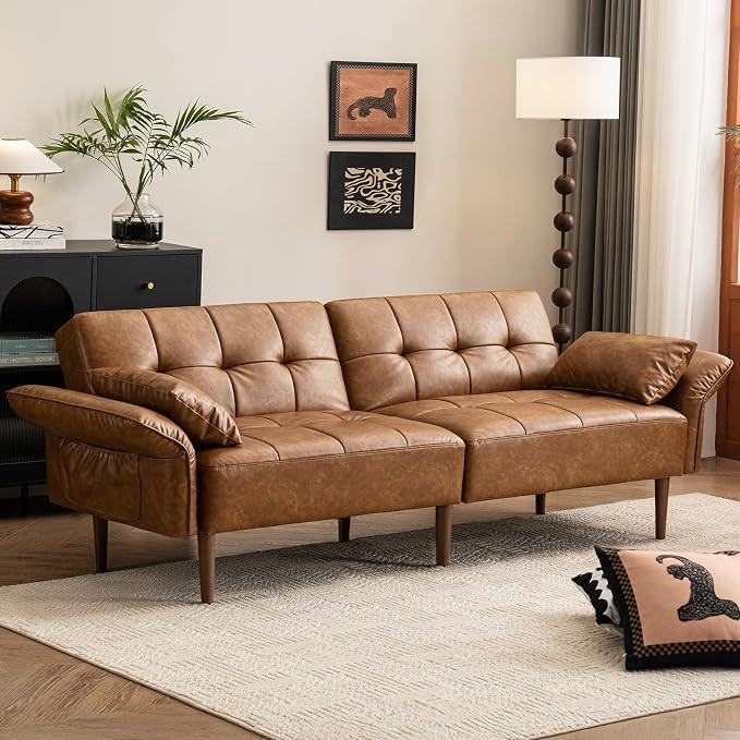 85” Futon Sofa Bed, Sleeper Sofa, Small Couch with Storage Adjustable Armrests Pillows, Faux Le... | Amazon (US)