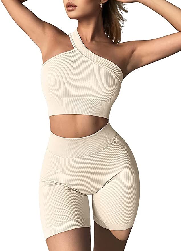 OQQ Workout Outfits for Women 2 Piece Ribbed Seamless High Waist Shorts with One Shoulder Crop To... | Amazon (US)