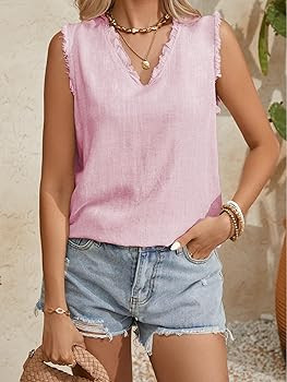 Famulily Womens Sleeveless Ruffled V Neck Tops Summer Linen Tank Tops Solid Color Raw Edge Hem Ca... | Amazon (US)