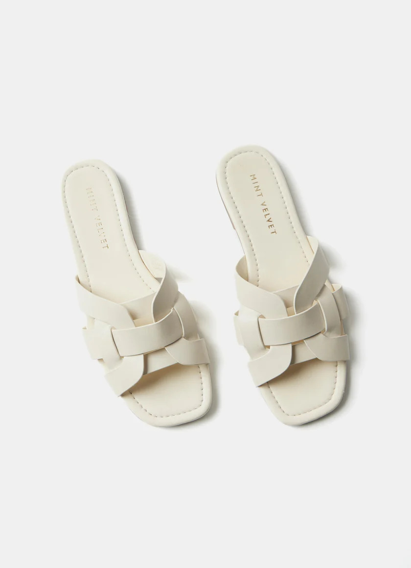 Cream Leather Woven Flat Sandals | Mint Velvet