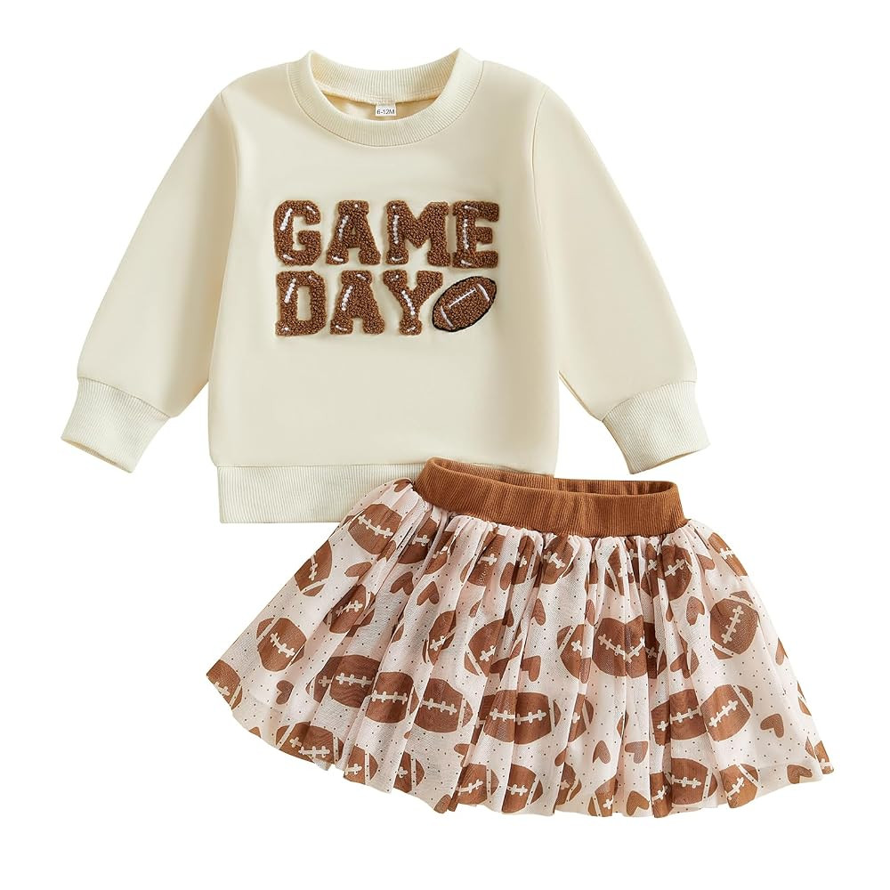 Toddler Baby Girl Football Outfits Game Day Embroidery Long Sleeve Sweatshirt Sequin Tutu Skirts ... | Amazon (US)