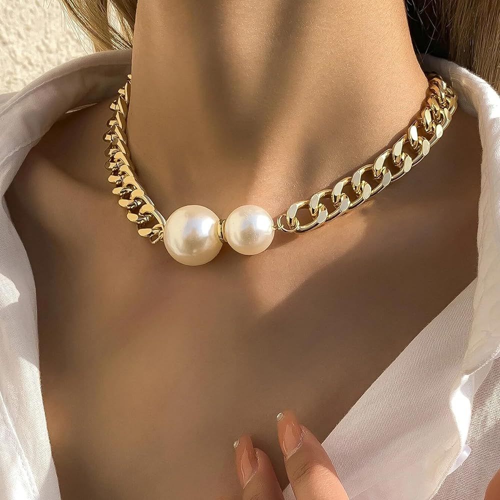 Large Pearl Necklace Chunky Gold Necklace Cuban Link Chain Necklace Pearl Choker Necklace for Wom... | Amazon (CA)