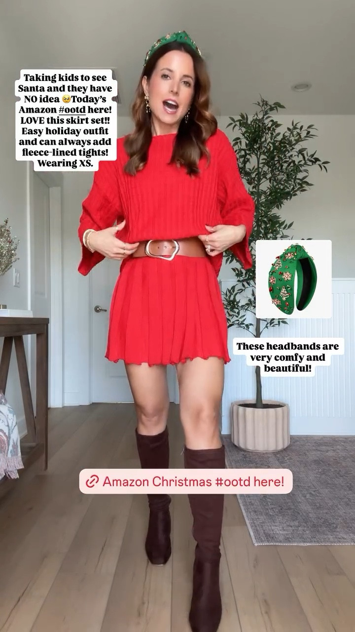 Amazon Holiday outfit! Christmas outfit. Loving this comfy sweater skirt set and matching headband. Wearing XS - runs a little big so size down if in-between! Color is orange-red. I went up half a size in knee high boots!

#LTKHoliday #LTKPetite #LTKSeasonal