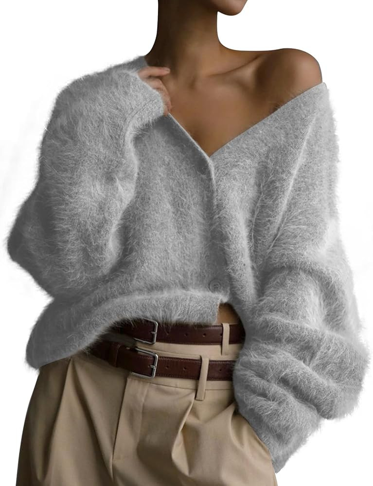 COZYPOIN Womens Fuzzy Cardigan Sweater V Neck Long Sleeve Button Down Soft Furry Top Slouchy Drop... | Amazon (US)