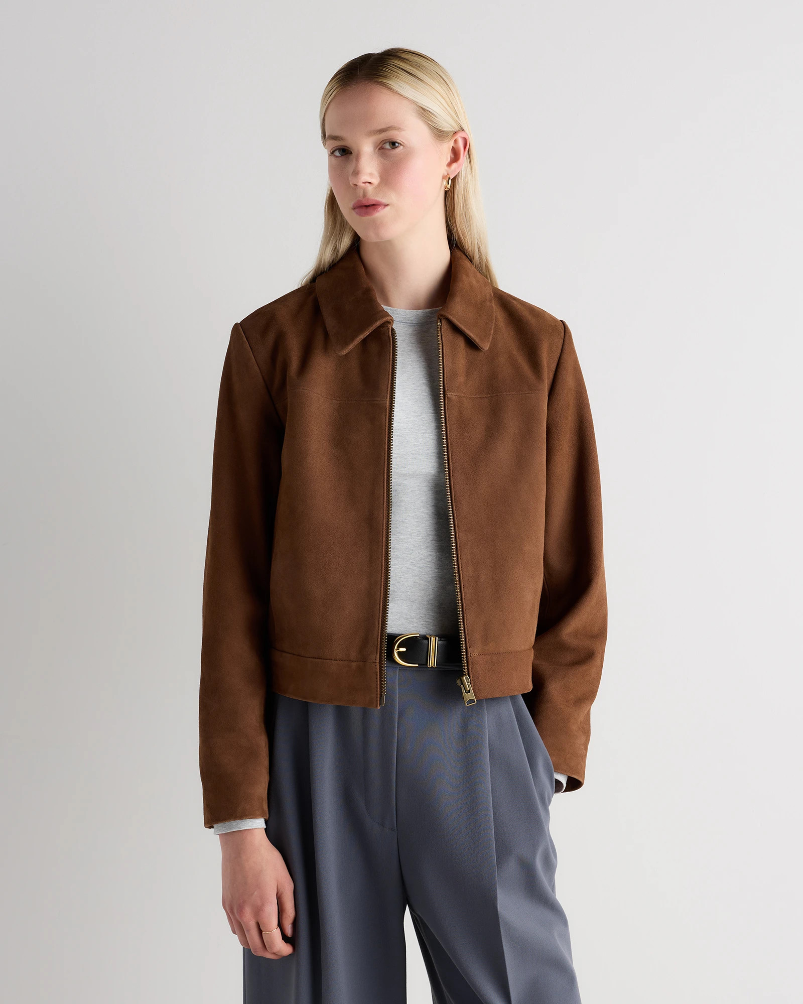 Quince | Women's 100% Suede Cropped Zip-Front Jacket in Espresso Brown, Size Medium, Suede Leather | Quince