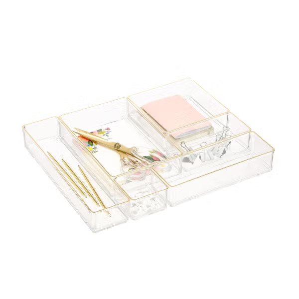 Luxe Acrylic Clear Acrylic Stackable Drawer Organizers Gold Trim Set of 6 | The Container Store