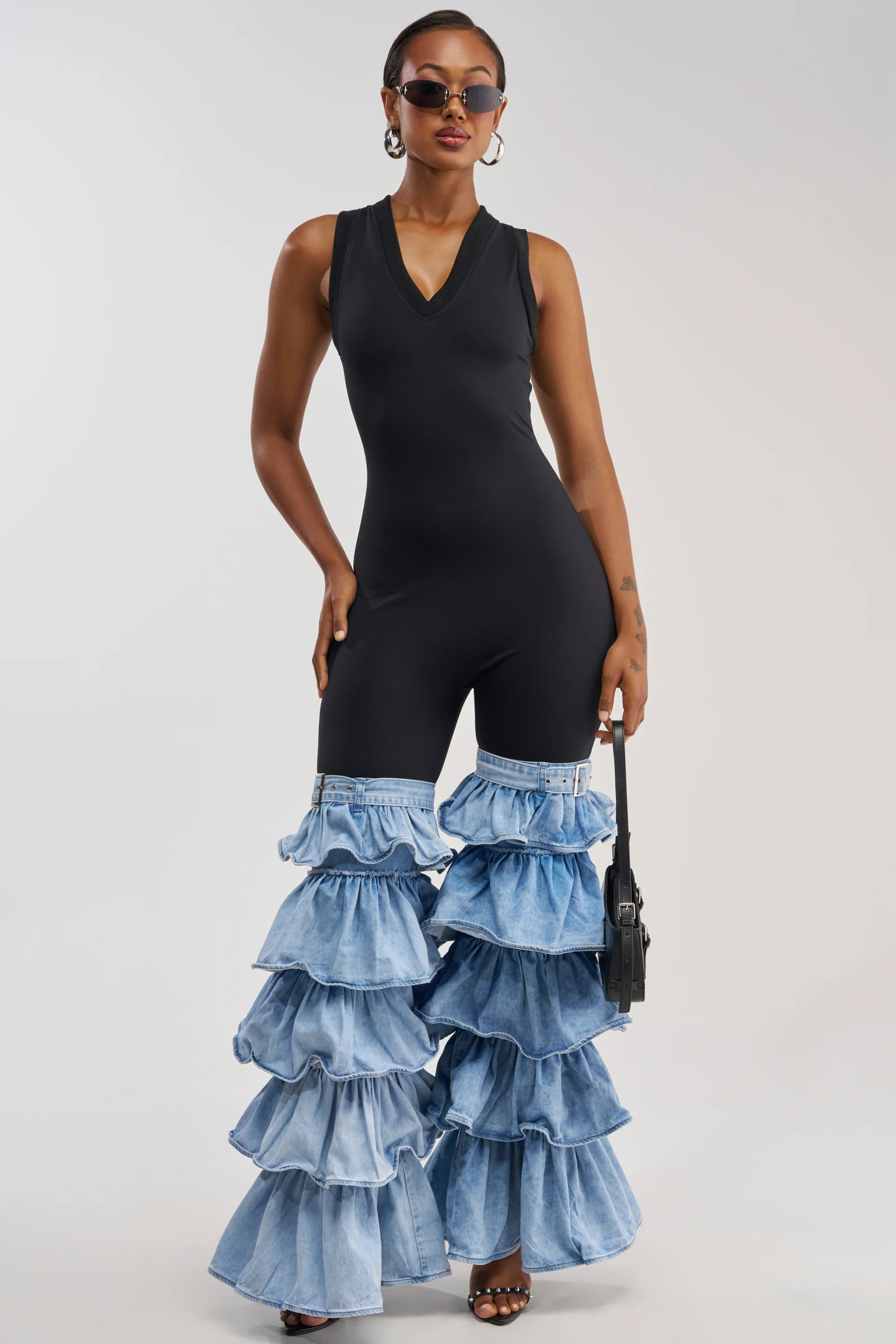 ELEVATED BASICS BODYCON JUMPSUIT WITH RUFFLE DENIM LEG | AKIRA