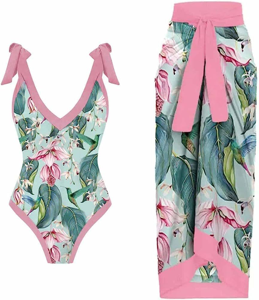 Cbcbtwo One Piece Bathing Suit for Women with Bikini Maxi Wrap Skirts 2 Piece Floral Print Swimsu... | Amazon (US)