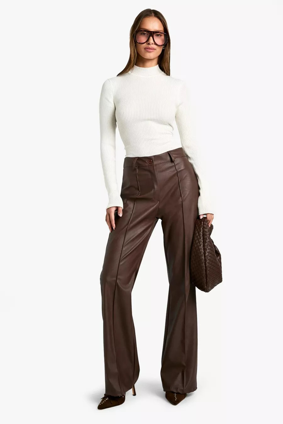 Leather Look Seam Front Skinny Flared Trousers | boohoo (US & Canada)