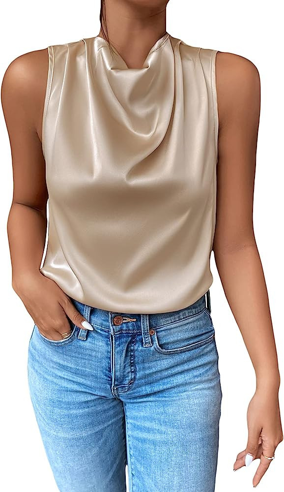 WDIRARA Women's Draped Cowl Neck Sleeveless Keyhole Back Satin Blouse Top | Amazon (US)