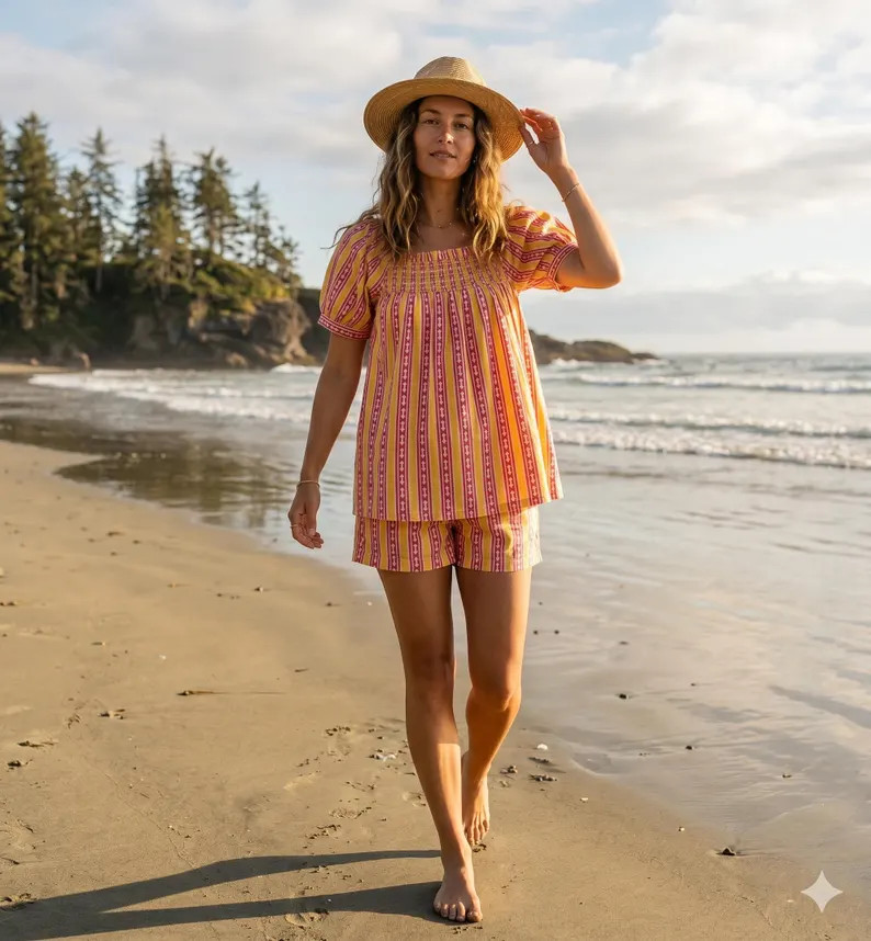 Pink Striped Pajama Set for Women \u2013 Smocked Blouse & Shorts Lounge Set - Etsy | Etsy (Global)