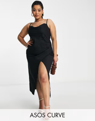 ASOS DESIGN Curve cowl neck ruched side midi dress in black | ASOS (Global)