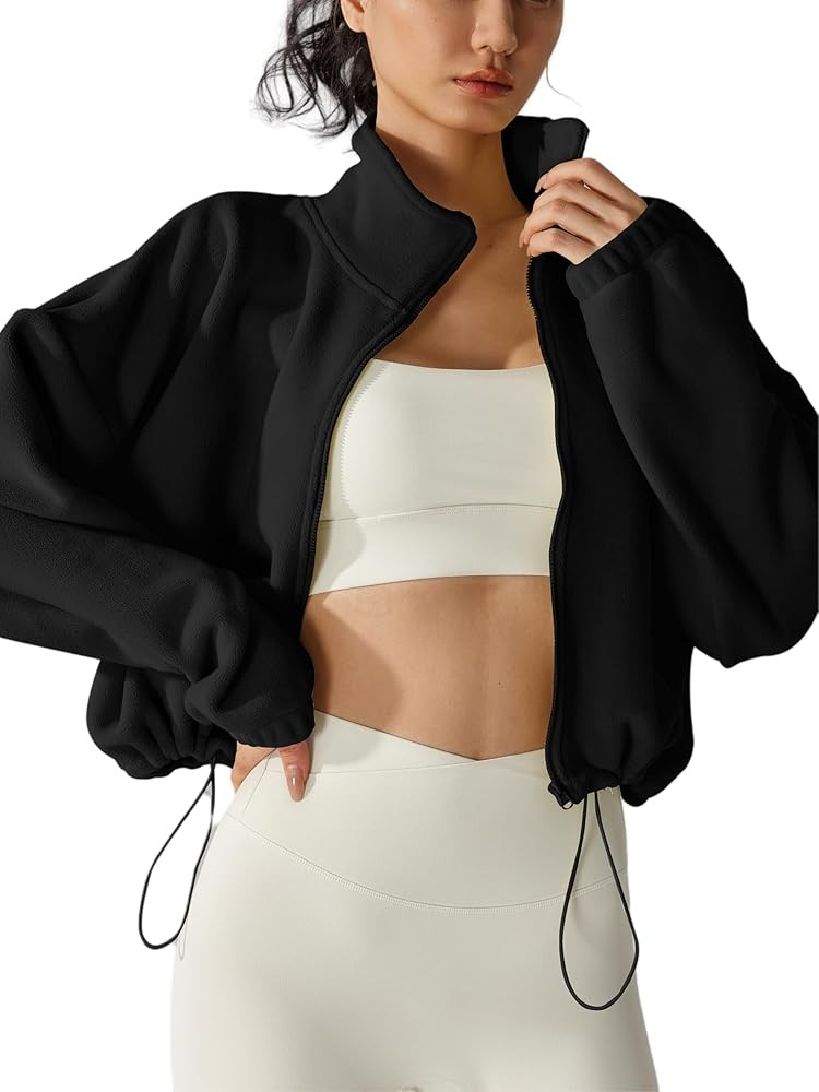 Womens Fleece Short Jacket Long Sleeve Full Zip Stand Collar Sherpa Crop Coat | Amazon (US)