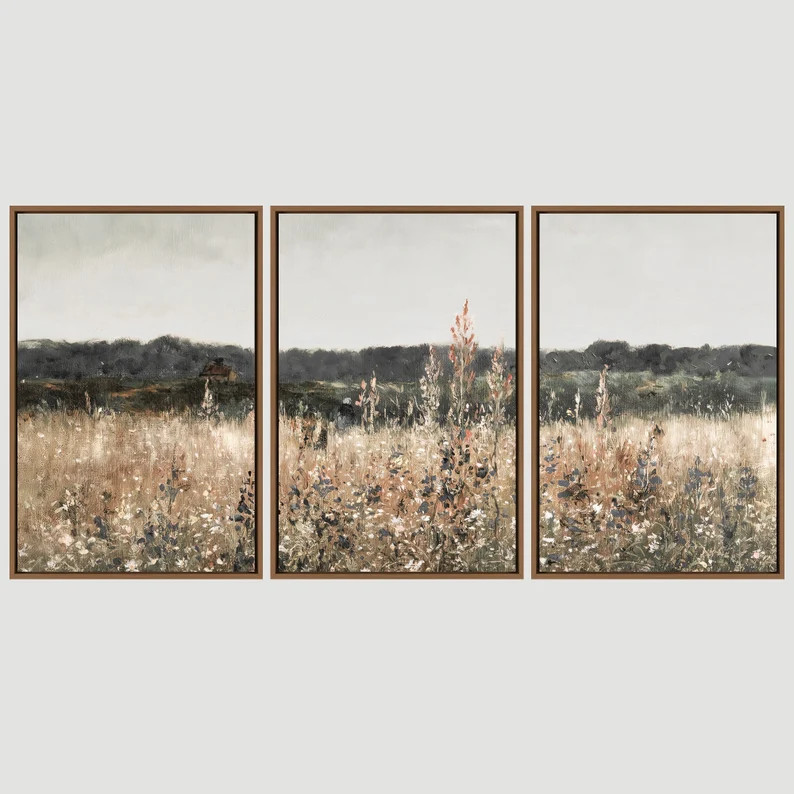 3 Piece Canvas Wall Art Set, Landscape Wall Art Wildflower Field Oil Painting Large Wall Art Prin... | Etsy (US)