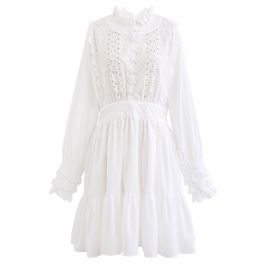 Embroidered Floral Eyelet Frilling Dress in White | Chicwish