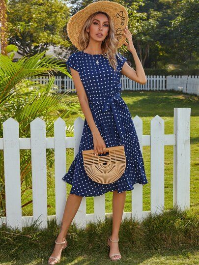 Polka Dot Belted A-Line Dress | SHEIN