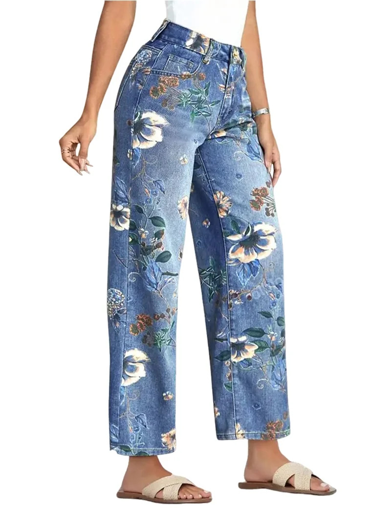 Floral Print Wide Leg Pants for Women Trendy Mid Rise Boho Ankle Cute Jeans Light Blue S - Walmar... | Walmart (US)