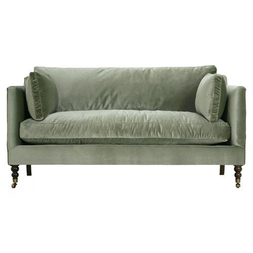 Madeline French Green Upholstered Brown Wood Brass Casters Sofa - 71"W | Kathy Kuo Home