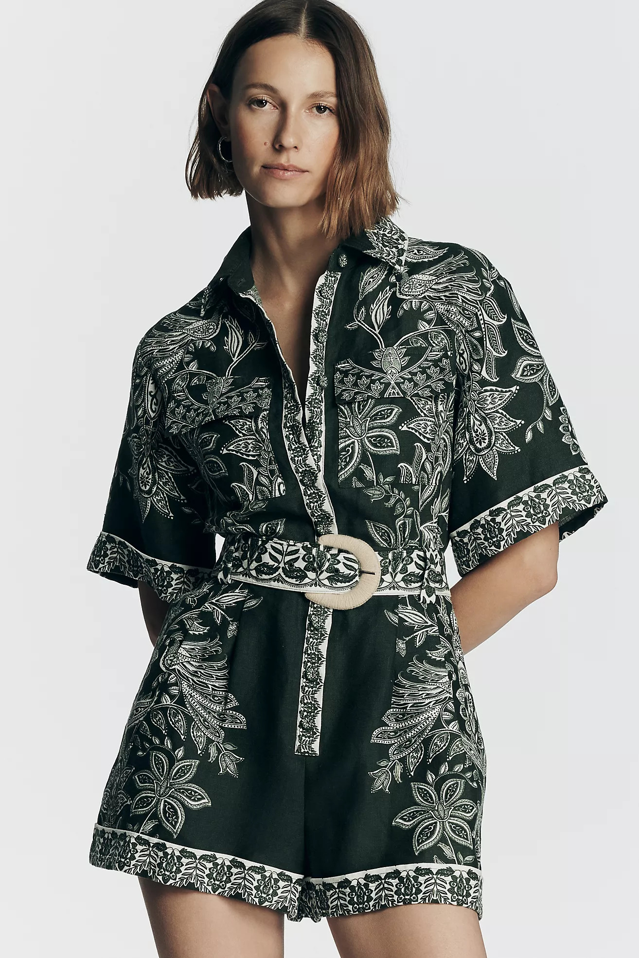 Farm Rio Miranda Short-Sleeve Belted Linen Romper | Anthropologie (US)