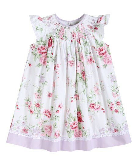 Lilac & White Floral Smocked Angel-Sleeve Bishop Dress - Infant, Toddler & Girls | Zulily