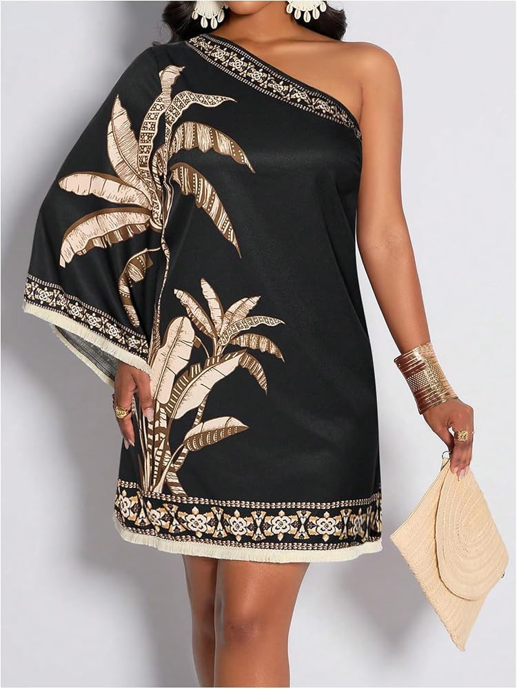 Floerns Women's Tropical One Shoulder Tunic Dress Dolman Sleeve Beach Vacation Summer Dresses | Amazon (US)