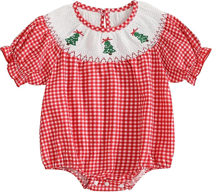 Newborn Baby Girl Smocked Thanksgiving Outfit Infant Plaid Bubble Romper Embroidery Turkey Fall C... | Amazon (US)