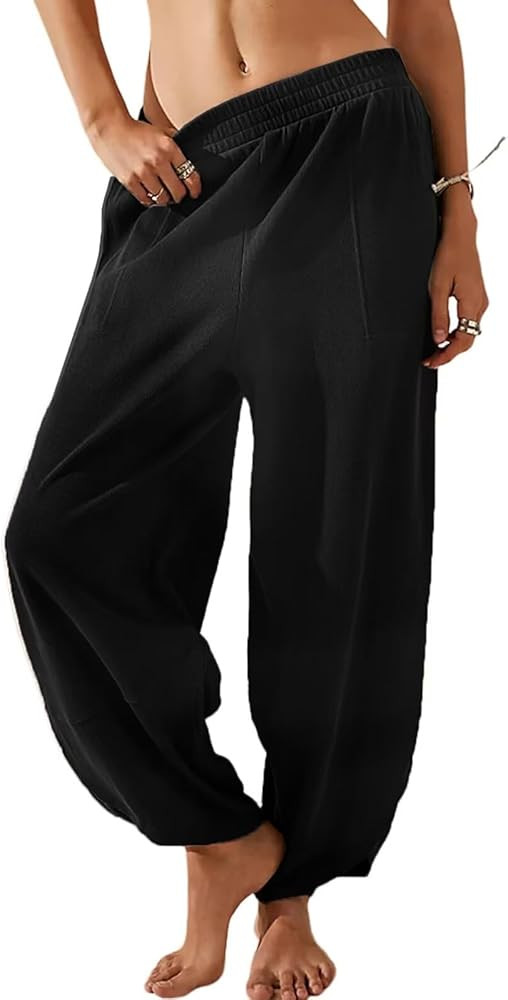 EGUGYDW Womens Baggy Wide Leg Pants Elastic High Waisted Palazzo Harem Trousers with Pockets | Amazon (US)