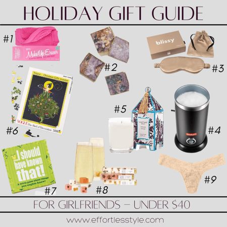 Don't forget a little something for your girlfriends.  The holidays are a great time to give a little gift that lets them know how much you appreciate their friendship.  Here are some fun ideas to consider - that are all under $40!

#1 - Make Up Eraser
#2 - Gilded Agate Coaster
#3 - Silk Sleep Mask
#4 - Electric Milk Frother
#5 - Seda France Candle
#6 - Vogue Puzzle
#7 - Party Trivia Games
#8 - Mimosa Sugar Cube Trio
#9 - Hanky Panky Thong

#LTKSeasonal #LTKGiftGuide #LTKunder50
