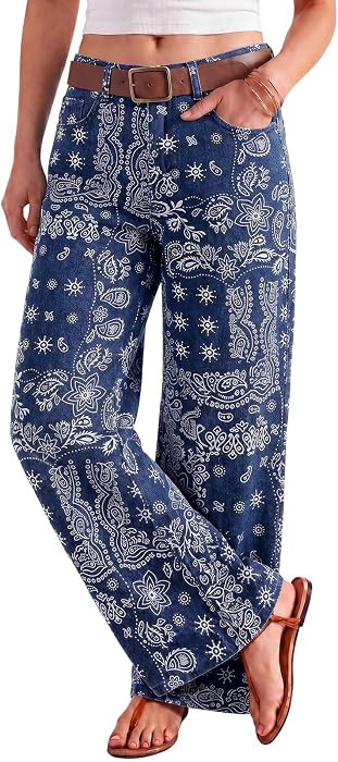 Tankaneo Womens Baggy Wide Leg Jean Floral Print Boho High Waist Denim Pant | Amazon (US)