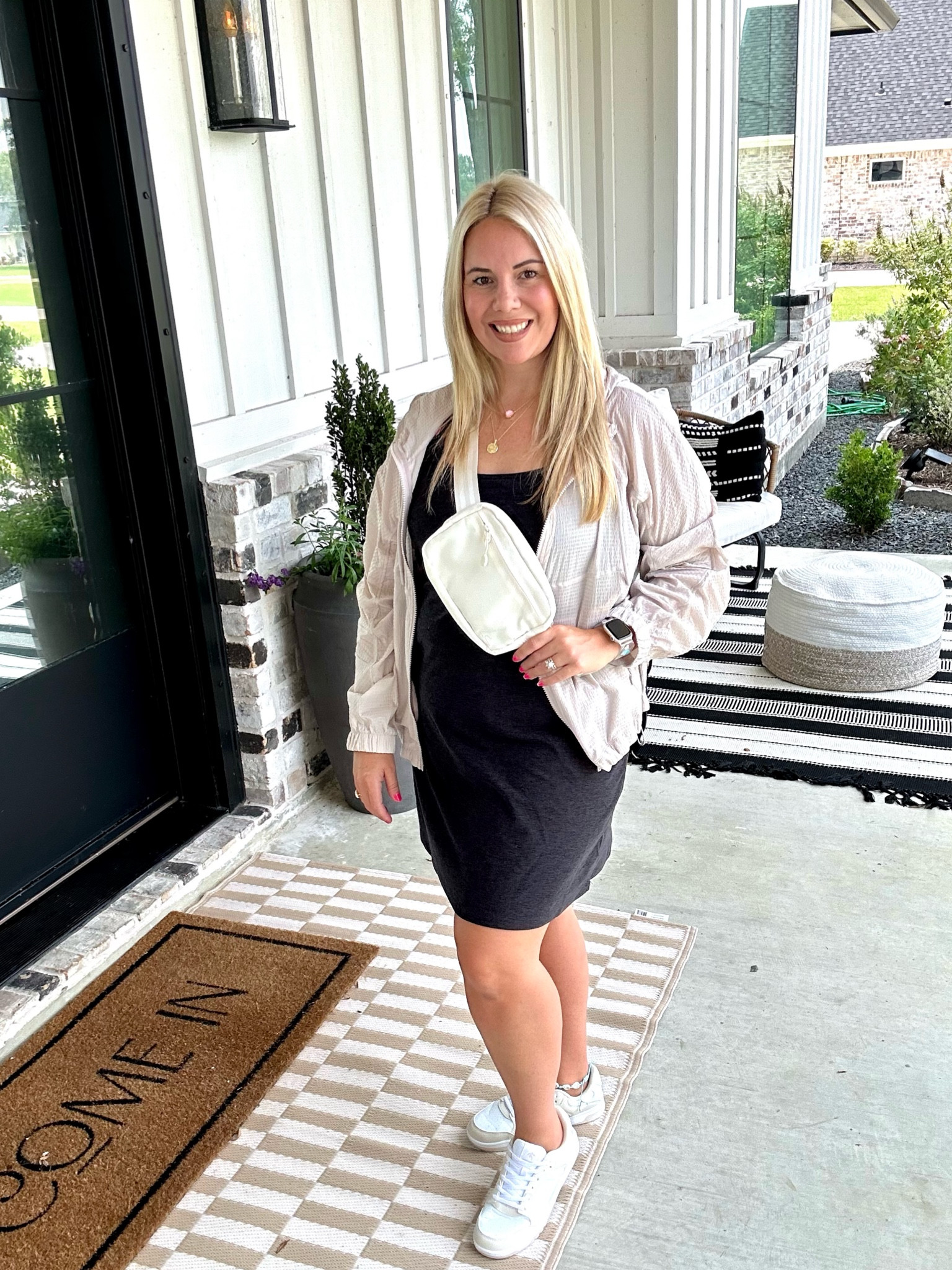 Outfit is all Walmart and TTS! #walmartpartner sized up to XL in this athletic dress for the bump. Love these look for less beige sneakers and belt bag. @walmartfashion #walmartfashion look for less athleisure outfit. Bump friendly outfit. Maternity outfit. Walmart midsize outfit. 

#LTKMidsize #LTKPlusSize #LTKBump