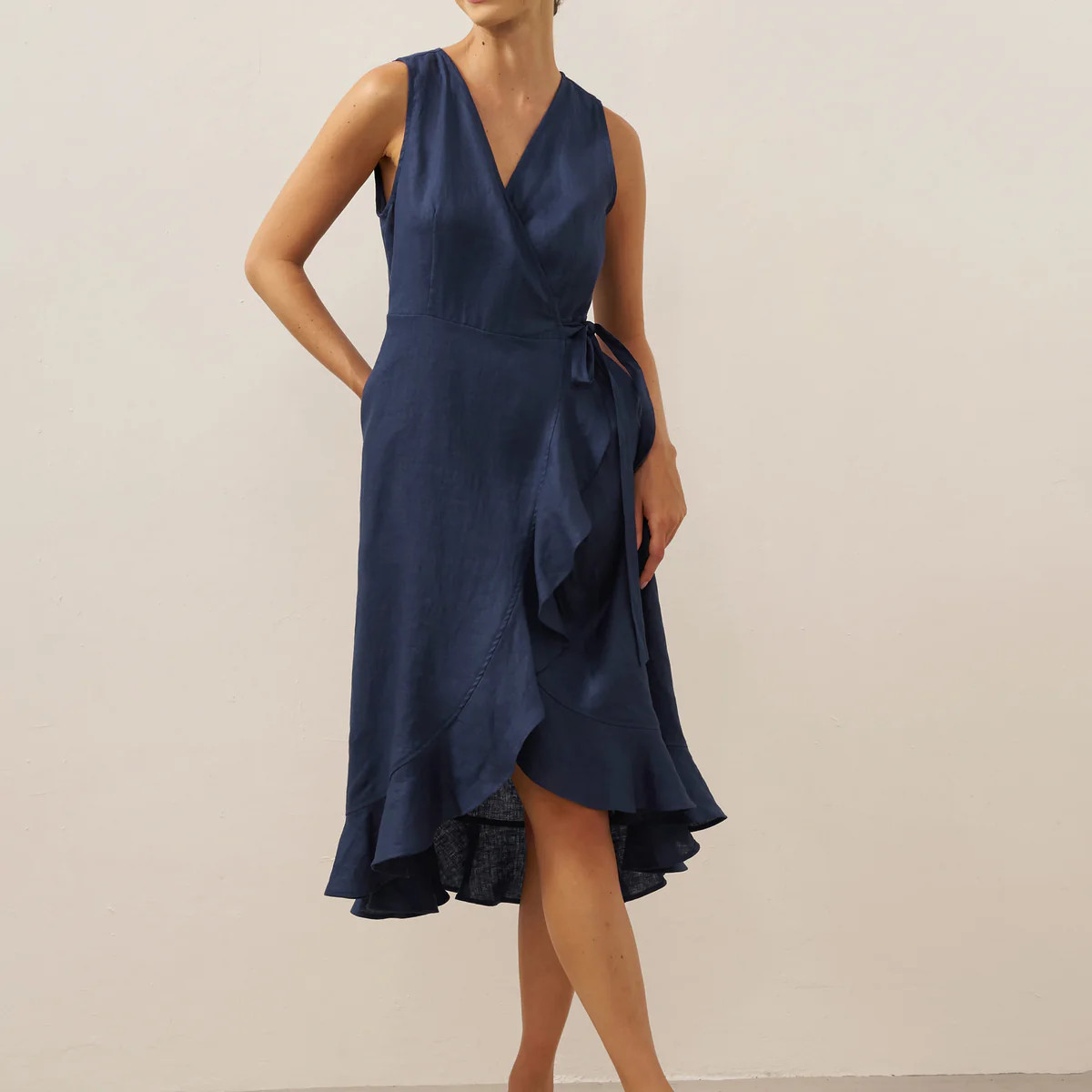 100% Linen V-Neck One-Piece Ruffle Hem Maxi Dress MAYA | LINTICO