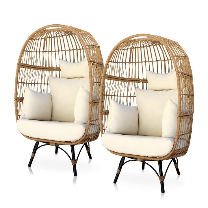 NICESOUL® Patio Stationary Egg Chair 2 Pieces Boho Wicker Egg Chair Outdoor Large PE Rattan Egg ... | Amazon (US)