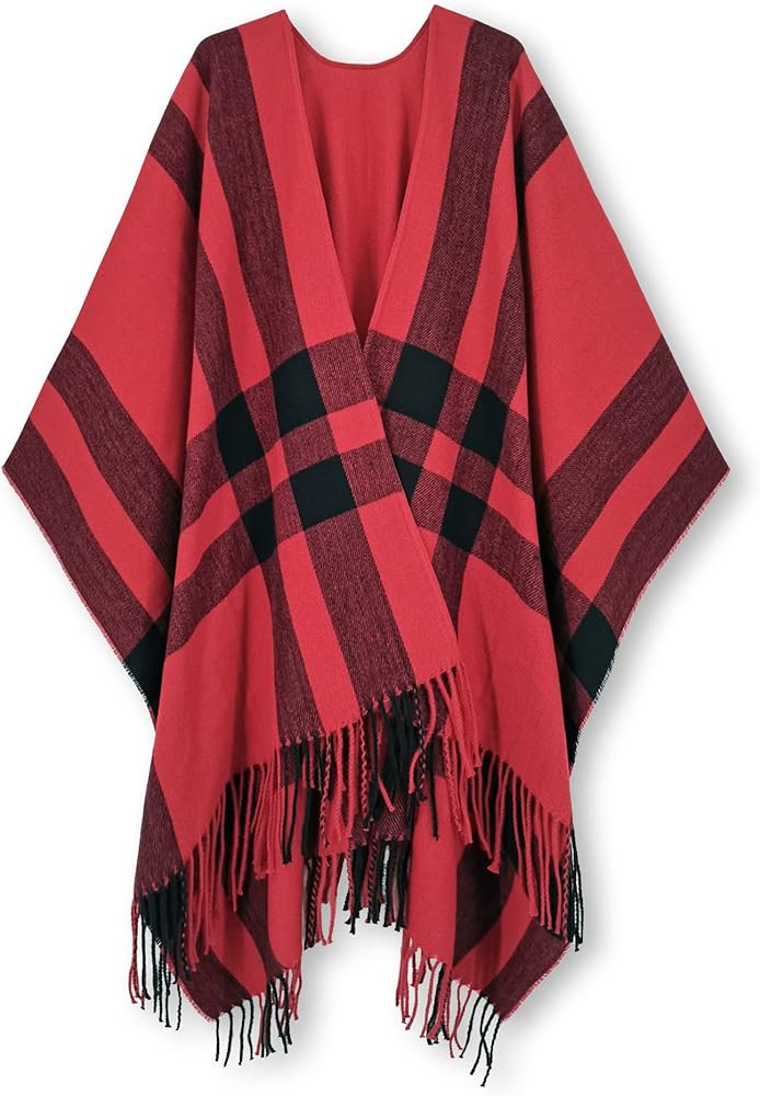 Moss Rose Women's Travel Plaid Shawl Wrap Open Front Poncho Cape for Fall Winter | Amazon (US)