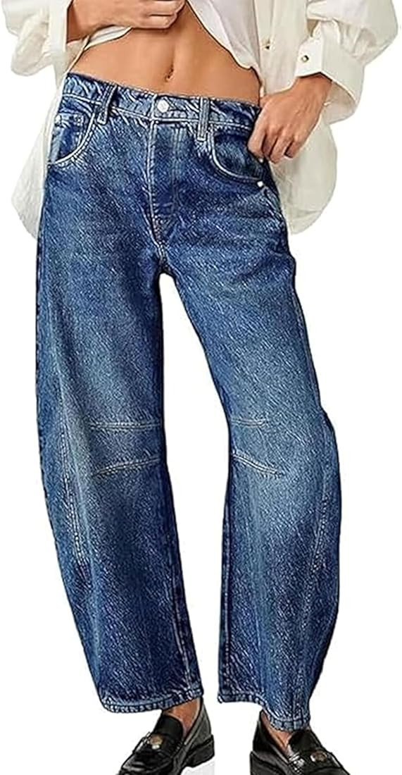 Casual Barrel Jeans for Women Boyfriend Mid Rise Wide Leg Cropped Denim Pants with Pockets | Amazon (US)