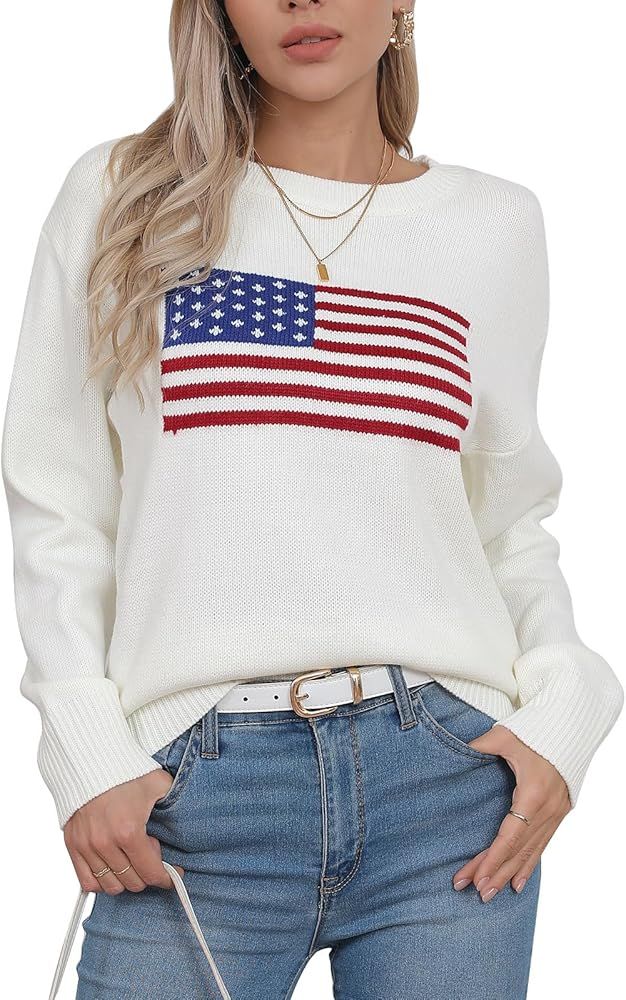 shermie Women's Long Sleeve Crew Neck Pullover Sweaters American Flag Knit Sweater Loose Casual P... | Amazon (US)