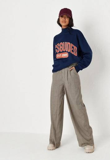 Missguided - Brown Houndstooth Plaid Masculine Pants | Missguided (US & CA)