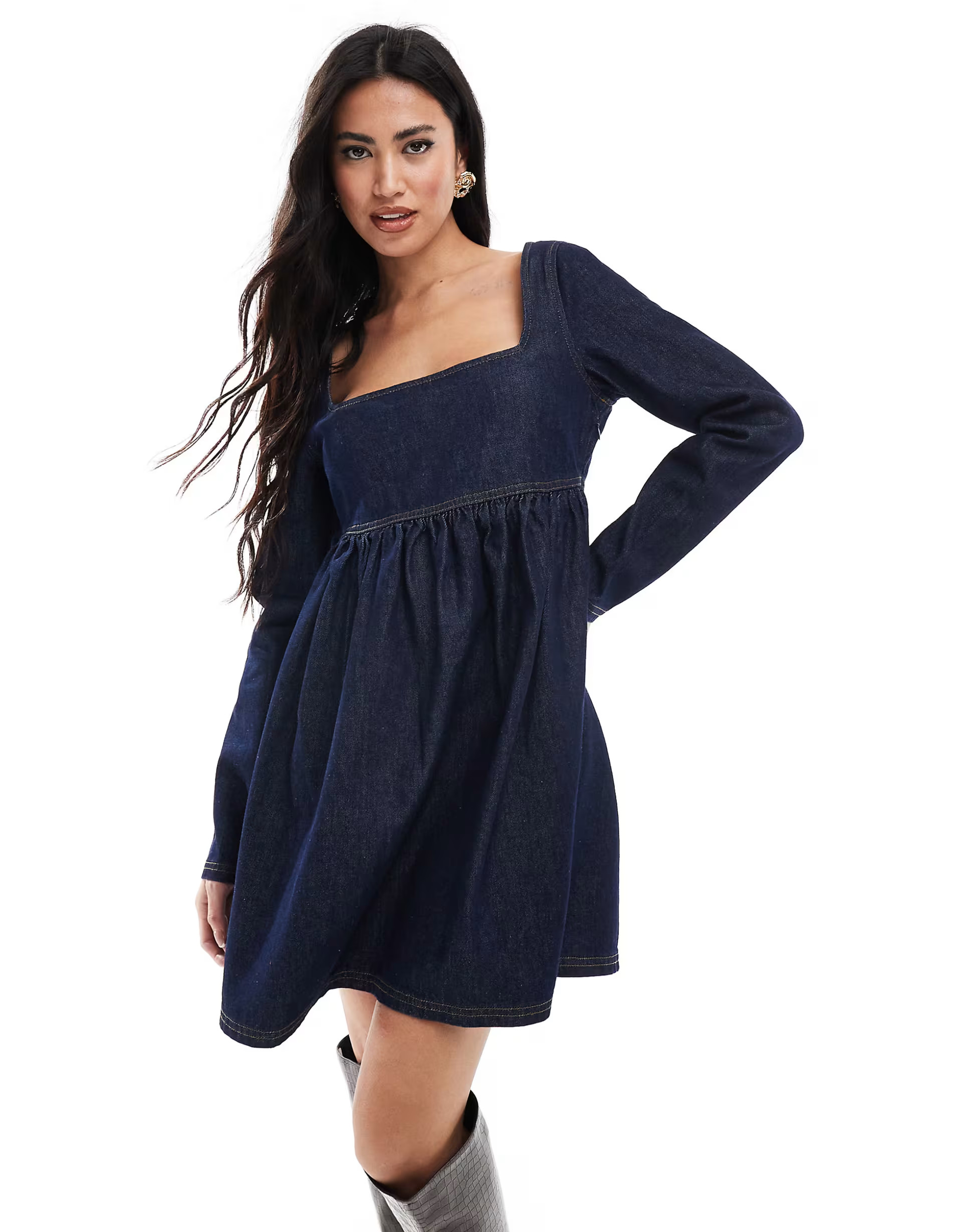 Miss Selfridge fit and flare long sleeve denim dress | ASOS (Global)