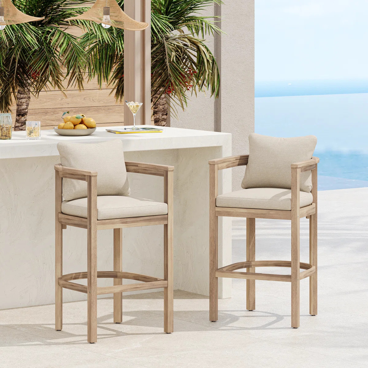 Gregorian Patio 30.3 Seat Height Acacia Wood Bar Stools With Cushions (Set of 2) | Wayfair North America